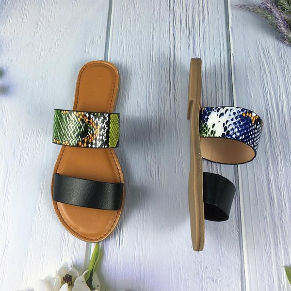 

comfortable leather fashionable snake print 2021 summer style outdoor female slippers flat bottom large size beach, Black