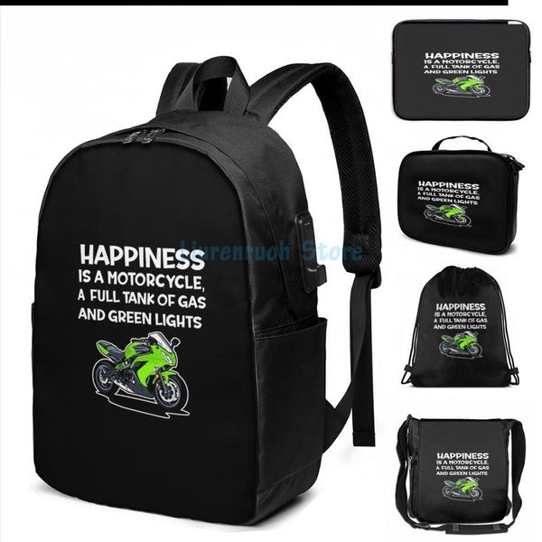 

funny graphic print sport bike happiness is green lights usb charge backpack men school bags women bag travel laptop