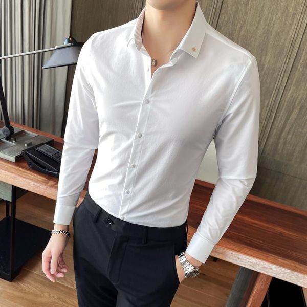 

spring shirt men long sleeve casual slim fit business camisa masculina mens clothing solid formal dress shirts men's, White;black