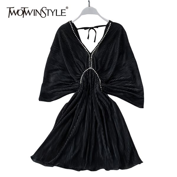 Vintage Schwarz Plissee Kleid Für Frauen V-ausschnitt Batwing Kurzarm Hohe Taille Mini Kleider Weibliche Mode Stil 210520