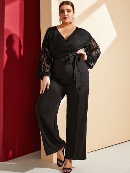 

sbetro plus contrast lace seam detail belted wide leg jumpsuit 046h#, Black