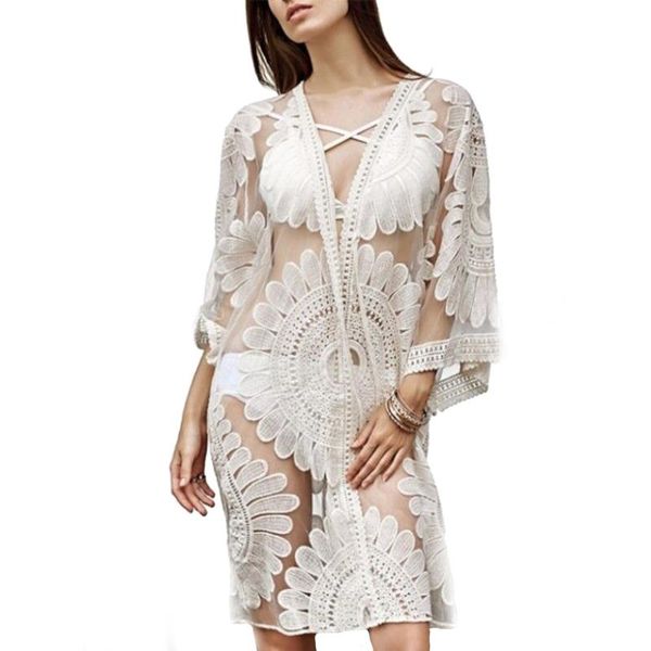 

women summer sunscreen shirt lace hollow floral embroidery long cardigan casual loose half sleeve blouse elegant female women's blouse, White
