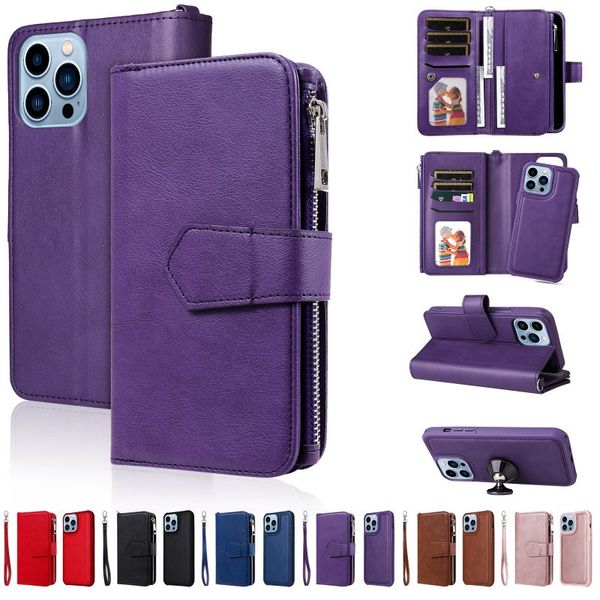 Destacável Zipper Magnético Flip Carteira Pu Capas de Couro Removível bolsa de bolsa removível para iphone 13 12 mini 11 pro max xr xs x 8 7 samsung s8 s 10 s10 mais s20 fe s21 ultra nota 9 10 20