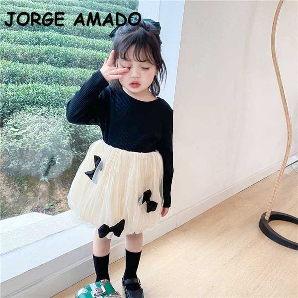 Estilo Coreano Primavera Crianças Meninas Vestido Patchwork Bow Princesa Crianças Cute Roupas E3797 210610