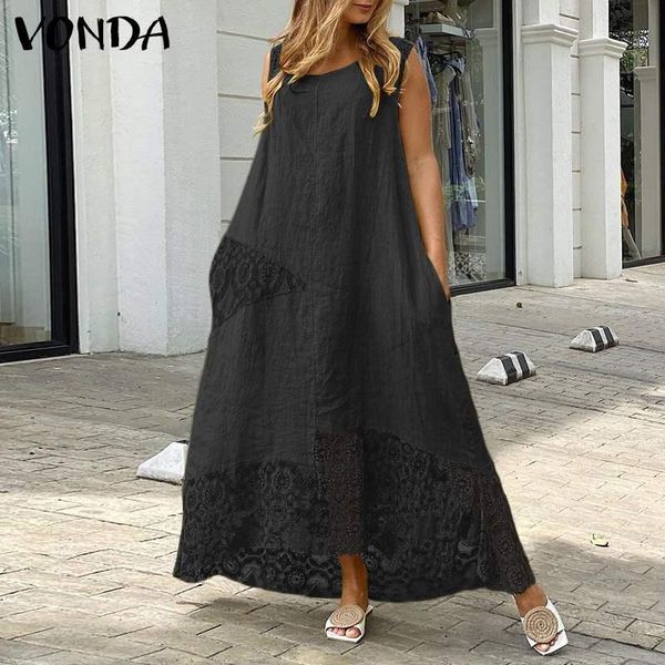 

summer bohemian dress sundress women casual solid color asymmetric 2021 vonda vintage lace patchwork vestidos plus size dresses, Black;gray