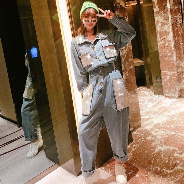 

women's jumpsuits & rompers fashion tide spring rhinestone pocket lapel old denim jumpsuit female loose high waist casual pants pb911, Black;white