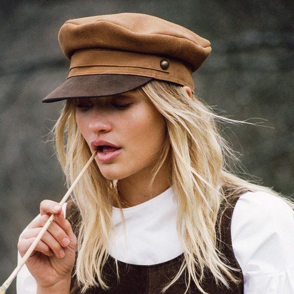 

fashion 2021 winter real leather military hat women men berets flat caps casquette peaked cap captain navy wide brim hats, Blue;gray