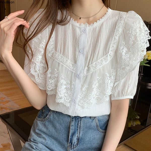 

women's blouses & shirts houthion short-sleeved blouse lotus leaf collar splicing comfortable fashion casual plus size summer shirt, White