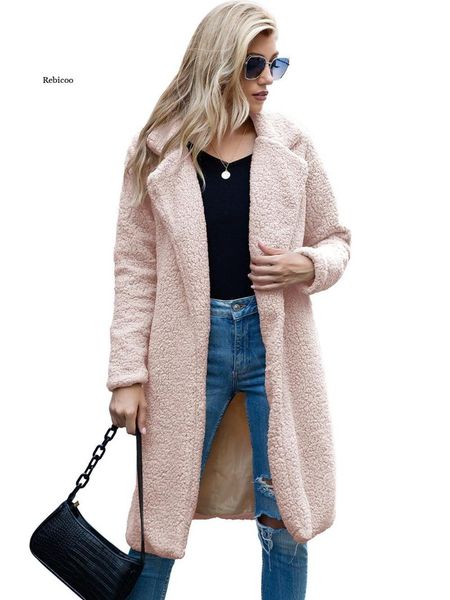 

women's wool & blends faux fur coat warm teddy bear women jackets female outwear plush overcoat long winter plus size, Black