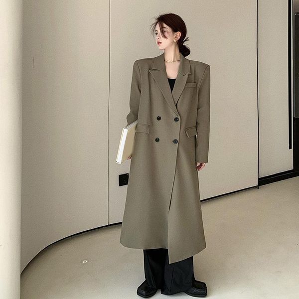 

women's trench coats khaki windbreaker women suit collar long blazer coat double breasted oversized outerwear fall loose street casual, Tan;black