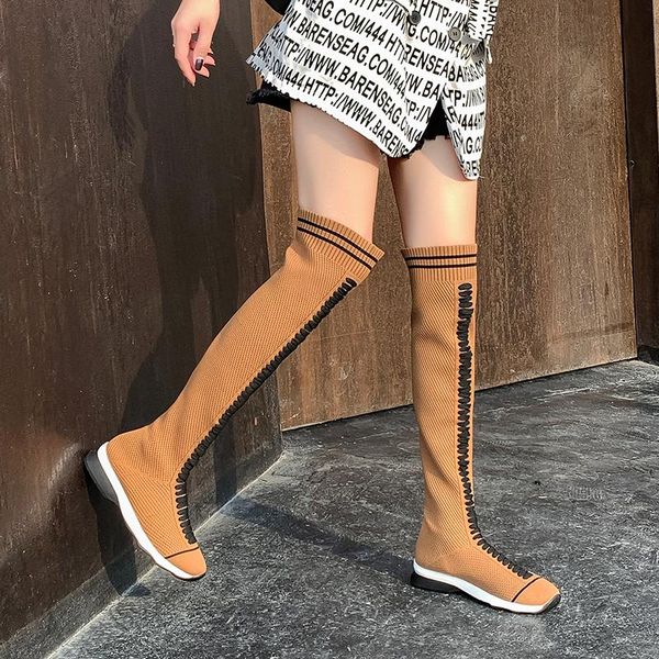 

boots slip on weave women socks autumn vogue round toe knee botas mujer rubber flat for high, Black
