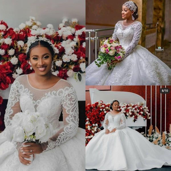 

plus size african wedding dresses 2022 sparkly sequins lace appllique long sleeve princess bridal gown estidos de novia, White