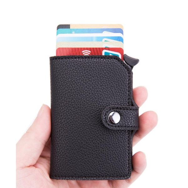 

card holders 2021 holder men and women metal rfid aluminium box fashion pu leather anti-theft wallet, Brown;gray