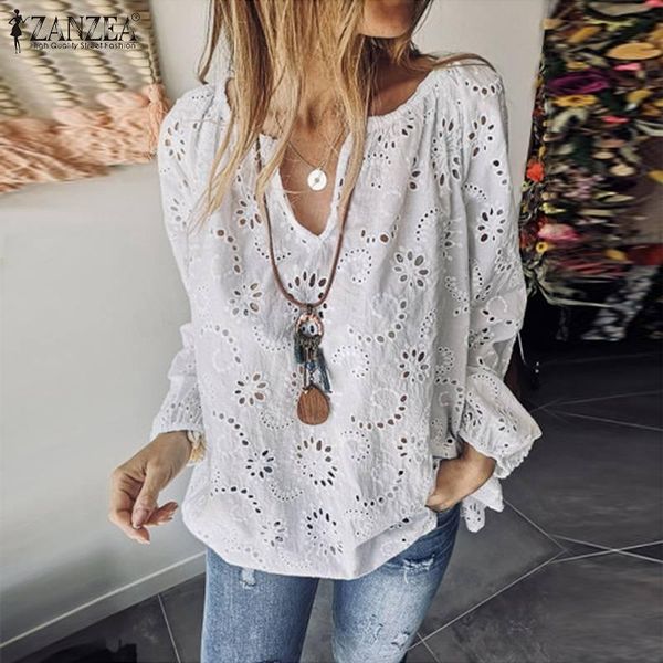 

women's blouses & shirts bohemian lace summer 2022 casual v neck blusas female hollow long sleeve embroidery tunic plus size, White