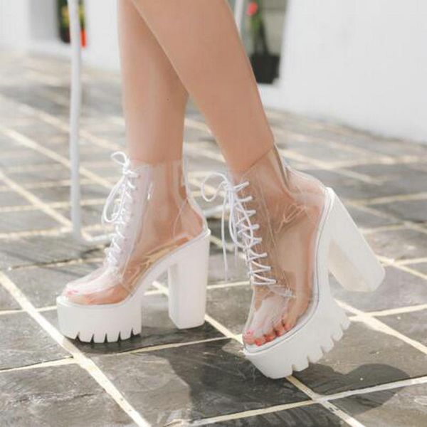 

dress shoes dijigirls sapatos de salto muito alto, solas grossas, perspex, transparente, bota tornozelo, feminino, plataforma antirrapante,, Black