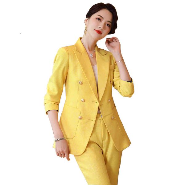 

women's suits & blazers 2021 new arrival latest fashion ladies women pant suit yellow green korean design business 2 piece set with poc, White;black