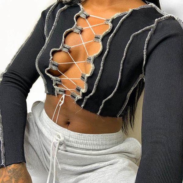 

women's t-shirt women casual patchwork hollow out tie front long sleeve bodycon club birthday ribbed crop t shirts autumn, White