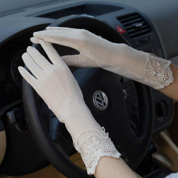 

five fingers gloves sunscreen non-slip lace silk female thin section summer uv touch screen driving long 03k, Blue;gray