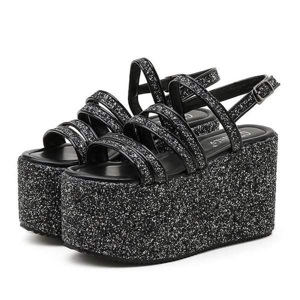 

sandals trendy for women wedges heel brand deisgn bling sequines back strap thick sole platform shoes on summer club party, Black