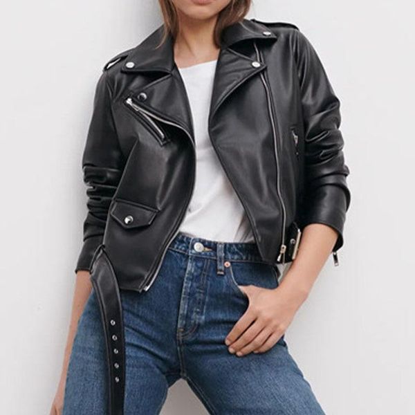 

women's leather & faux kalenmos black pu women fashion lapel long-sleeved zipper placket woman jacket casual coat 2021 motorcycle cloth