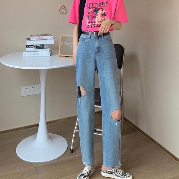 

women's jeans autumn 2021 korean version ripped loose for women high waist slimmer straight pants, Blue