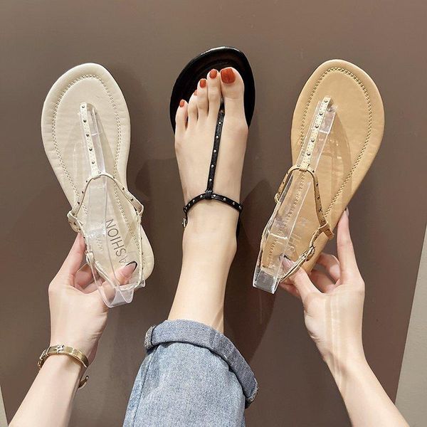 

studded sandals comfort shoes for women summer heels buckle strap flip flops platform suit female beige girls fashion flat 2021, Black