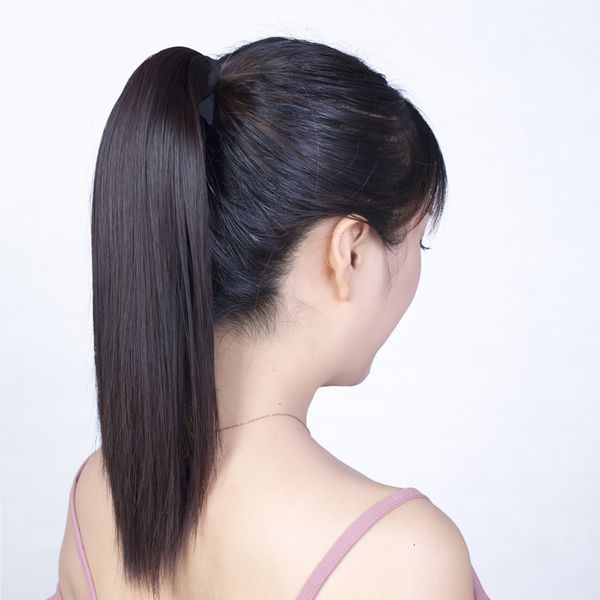 

women's wig straight ponytail bandage style real fake medium short long invisible natural braid all human hair, Black