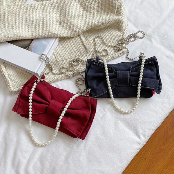 

evening bags vintage women bowknot canvas pearl chain underarm shoulder crossbody messenger bag casual ladies solid color small handbags
