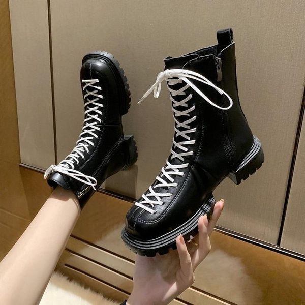 

fashion women motorcycle mid-calf boots black square head autumn comfortable woman shoes white lace-up pu female