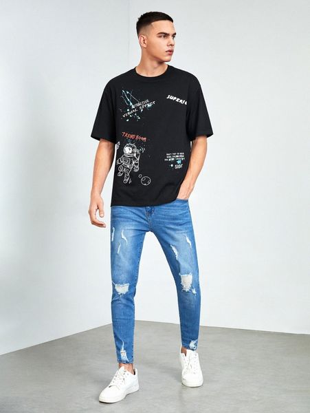 

men slogan & astronaut print tee 73h4#, White;black