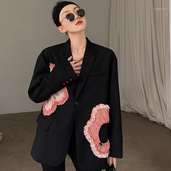 

women's suits & blazers 2021 autumn winter turn-down collar loose patchwork long-sleeved solid blazer coat female black floral minimali, White;black