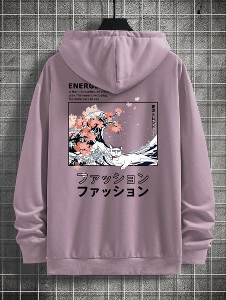 

men japanese letter graphic drop shoulder drawstring hoodie j3jt#, Black