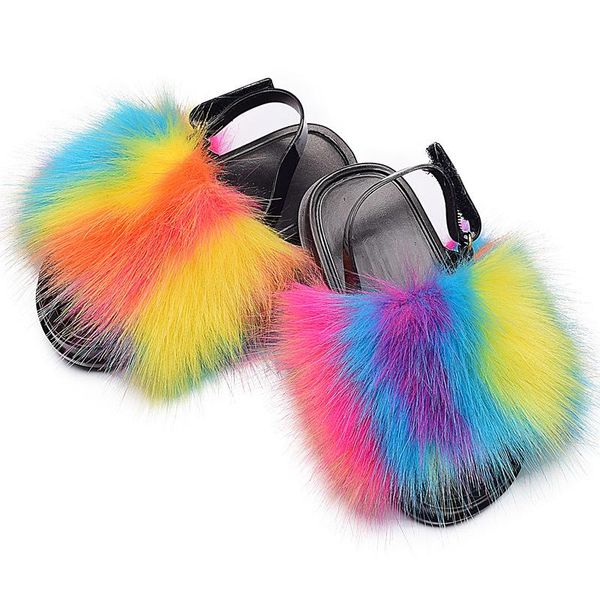 

slippers fur kids summer children cute with for girls sandals fluffy faux slides 2021 luxury shoes, Black