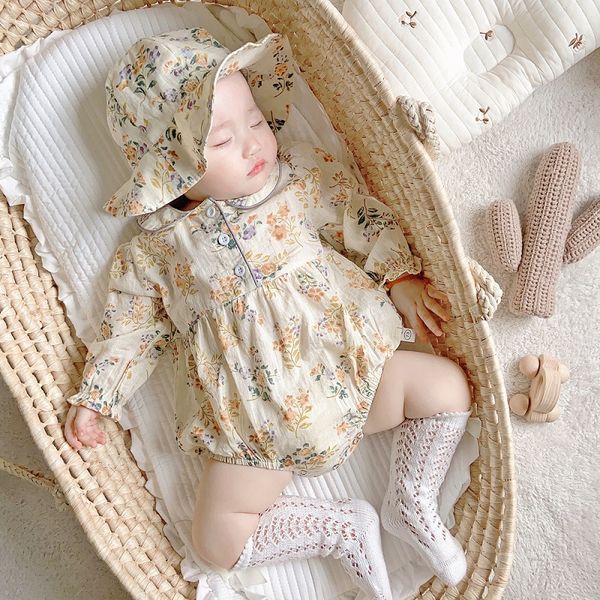 

2021 newborn baby floral romper infant kids girls long sleeve peter pan collar flower bodysuit playsuit sunsuit clothes 0-2years, Blue