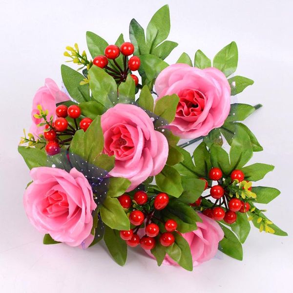 

42cm beautiful rose artificial silk flower head with red berry branches fake flowers home party wedding decoration decorative & wreaths