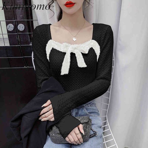 

kimutomo elegant bow blouse women square collar shirt french style spring female solid long sleeve short casual 210521, White
