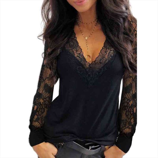 

women blouse deep v neck lace trim see through polyester long sleeve shirt blouse womens clothing, White
