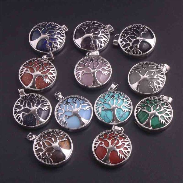 

ornament hollowed out round tree of life inlaid with natural stone crystal half necklace pendant, Black