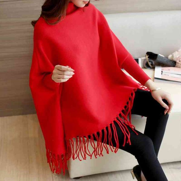 

women pullovers and loose womens sweaters tassel soft shawl poncho turtleneck bat long sleeve pullover, White;black