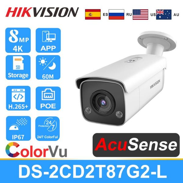

cameras hikvision 4k 8mp ip camera ds-2cd2t87g2-l colorvu acusense ip67 60m led 25fps smart h.265+ sd slot human and vehicle