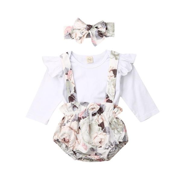 

infant baby girl clothes long sleeve round neck solid color romper+flower print bib shorts outfit 3-pcs set spring autumn clothing sets, White