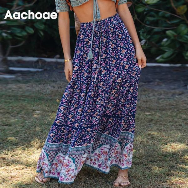 

boho style floral print long skirt women summer beach skirts high waist vintage pleated skirt loose bottoms mujer faldas, Black;white