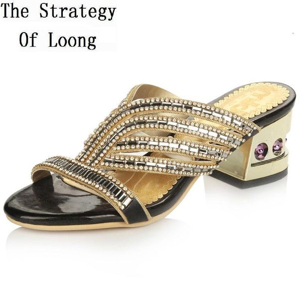 

dress shoes women mid thick heels open the toe rhinestone genuine leather sandals peep crystal beautiful summer 20210507, Black