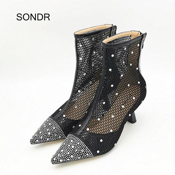 

boots rhinestones shoes women med heels summer brand lady crystal footware mesh female zapatos de mujer white hollow, Black