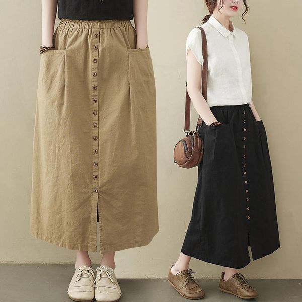 

skirts 2021 spring & summer elastic high waist was thin simple retro plus size loose casual women a-line long skirt, Black
