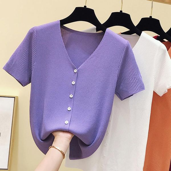 

women's t-shirt v-neck ice silk knitted short sleeve t-whirt purple summer korean pure slim net red half, White