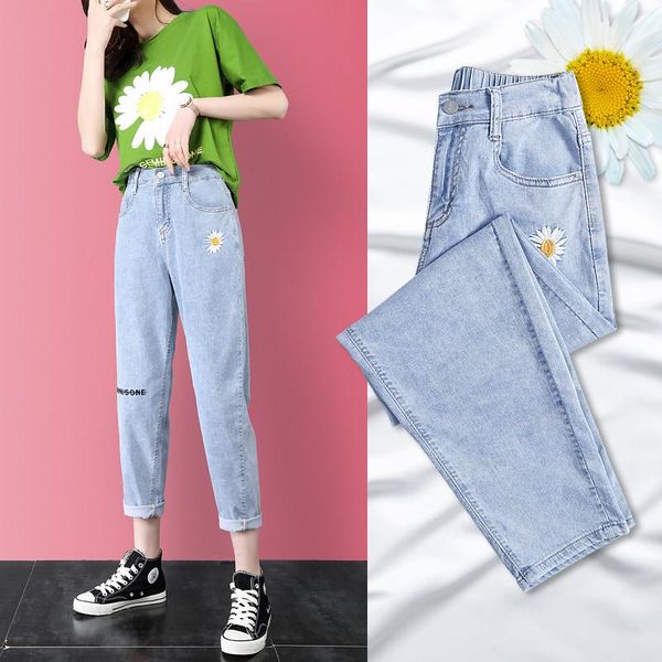 

women's jeans 2021 mom female loose korean student high waist was thin harlan straight nine points radish denim pants, Blue
