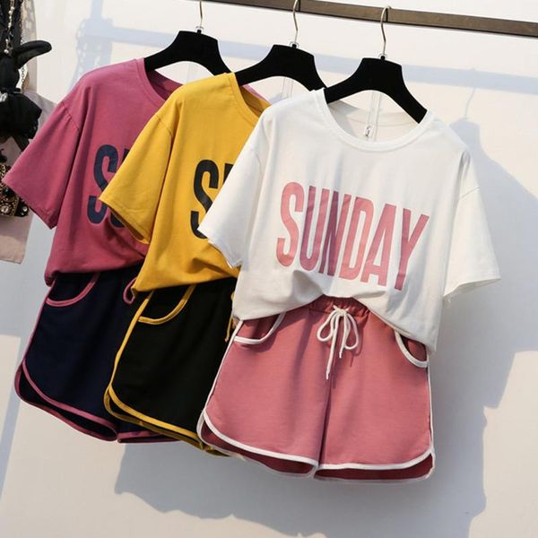 

casual suit summer two-piece fashion beach for women student loose with shorts sportswear t-shirt women's, White