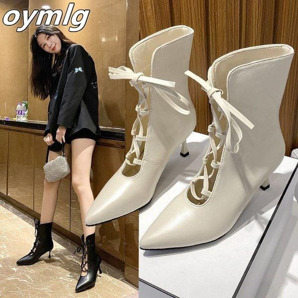 

women's boots ankle 2021 autumn hollow breathable lace-up fashion high heel, Black