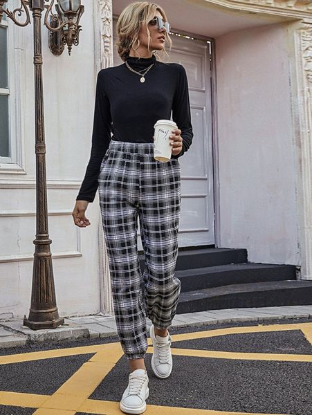 

plaid high-rise pants c36y#, Black;white